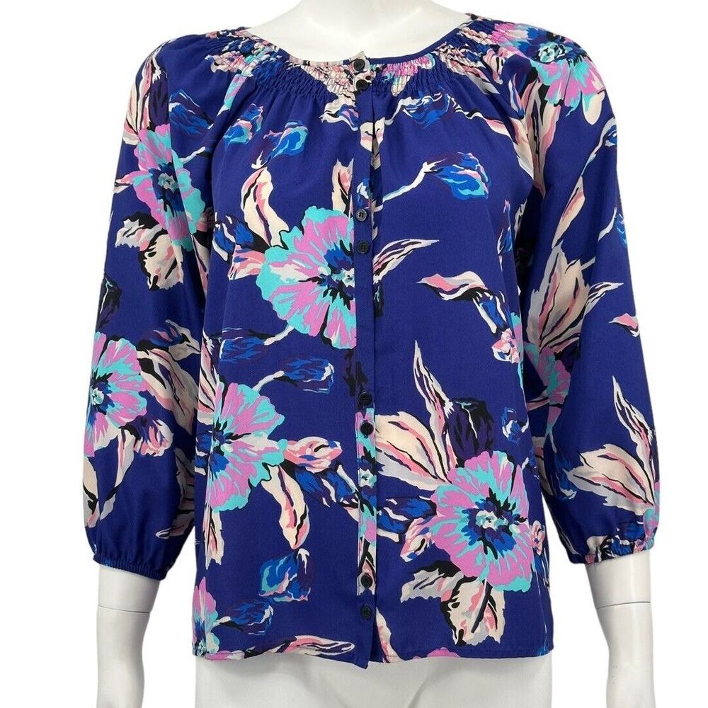 Yumi Kim Top Womens Small Blue Isi Button Up Dark Floral Boho Office Smocked